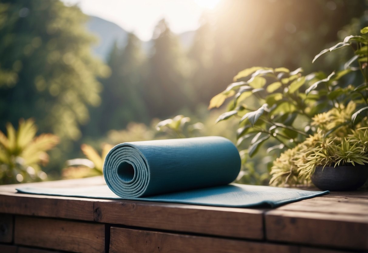 A serene outdoor setting with a yoga mat surrounded by nature. A gentle breeze rustles the leaves as the practitioner focuses on deep, rhythmic breaths