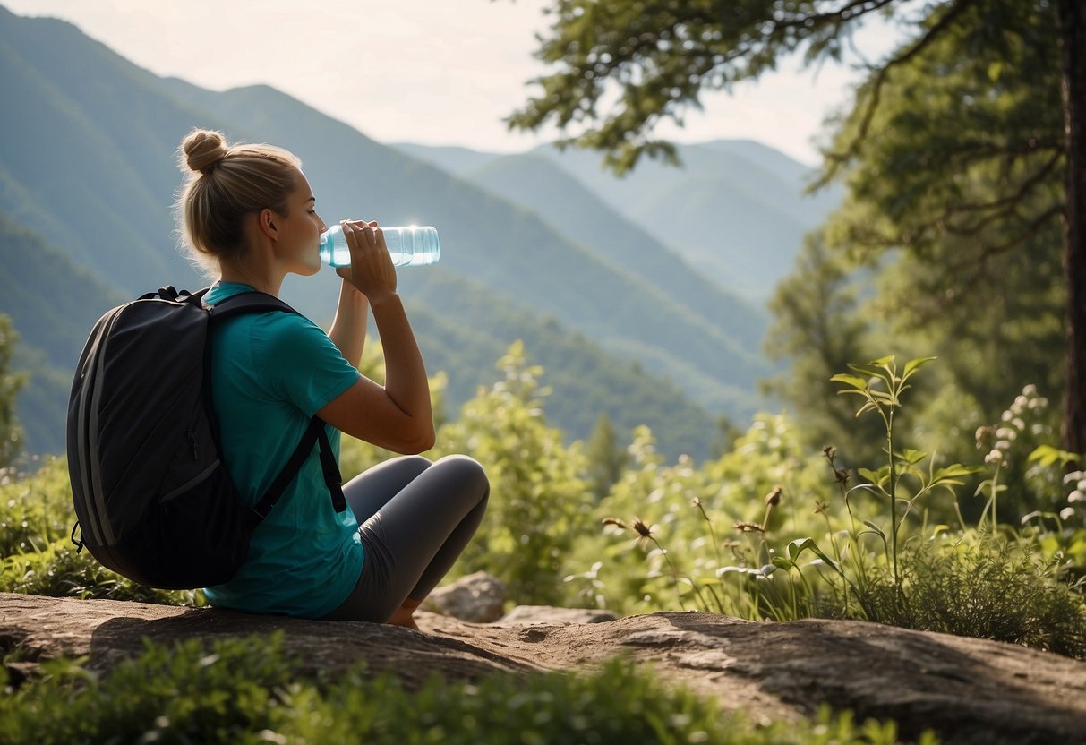 A person drinking water from a reusable bottle while surrounded by nature, with a yoga mat and a backpack nearby