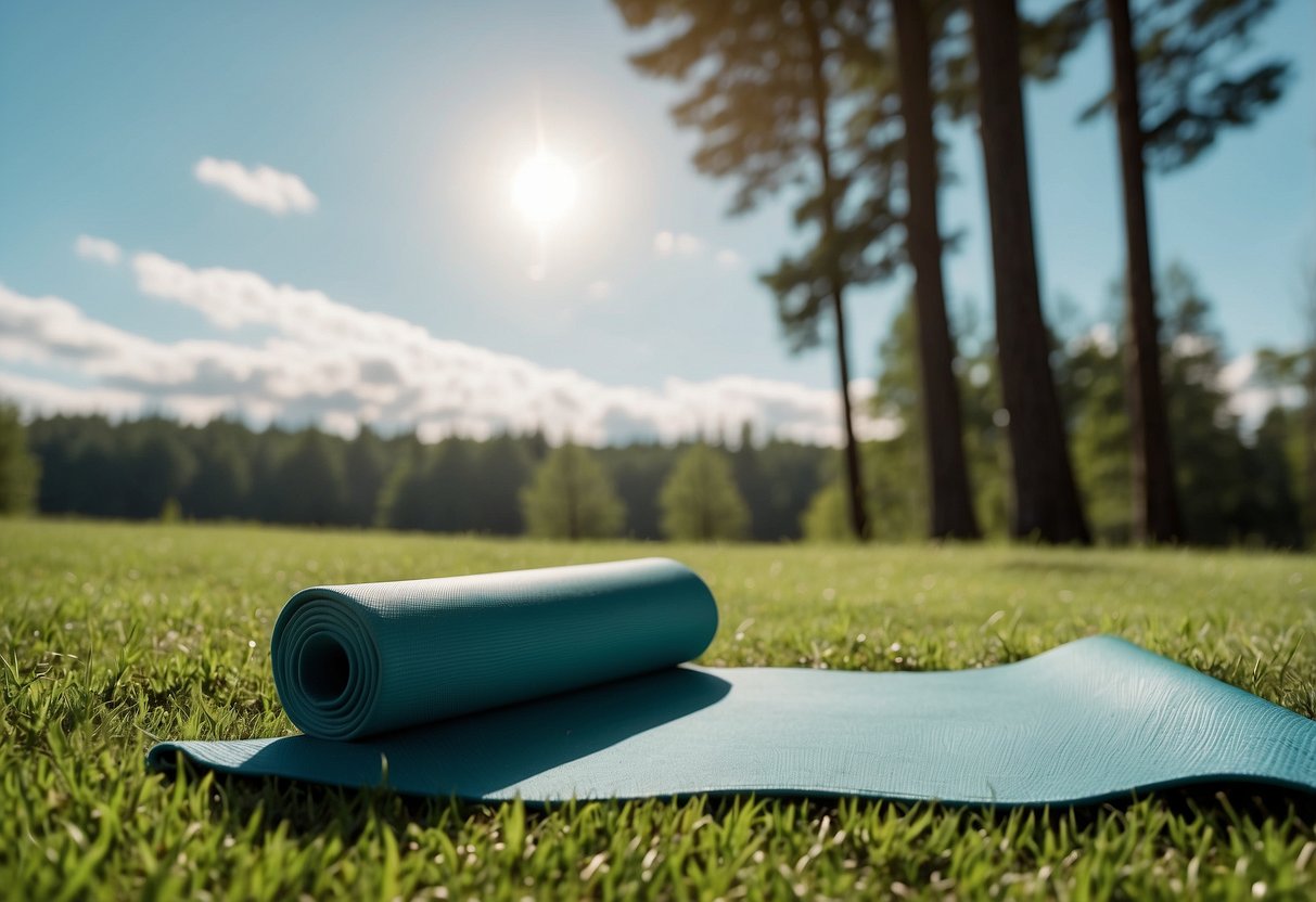 A serene outdoor setting with a yoga mat on lush green grass, surrounded by tall trees and a clear blue sky