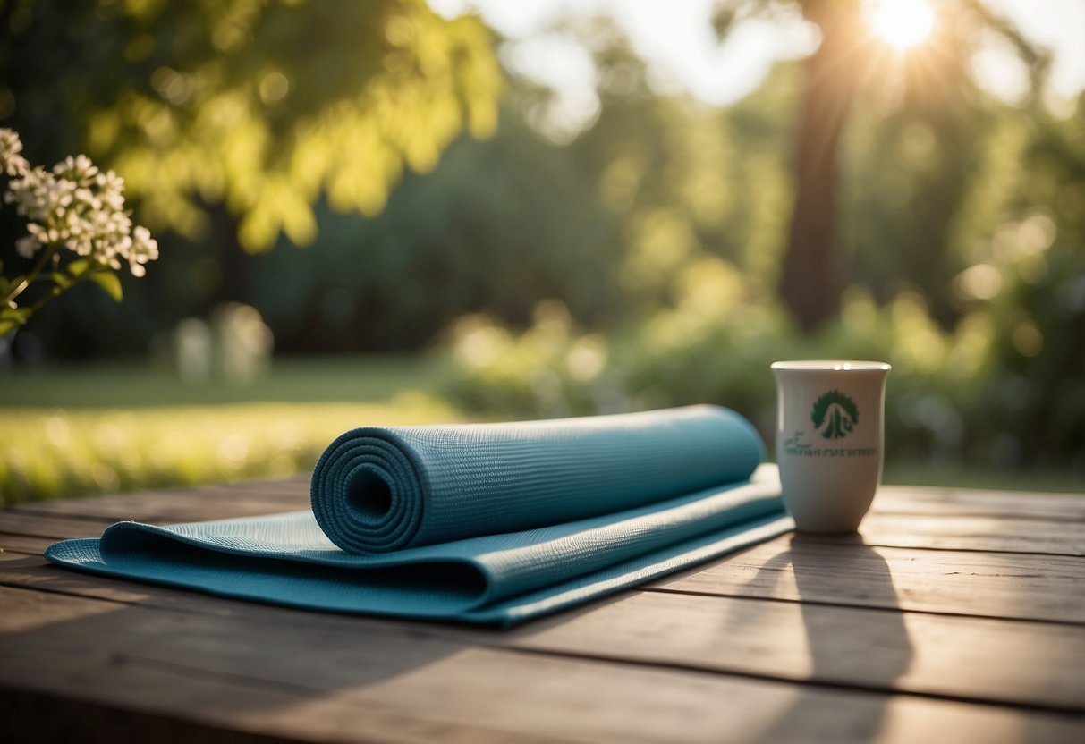 A serene outdoor setting with a yoga mat, surrounded by nature, with the sun shining and birds chirping in the background