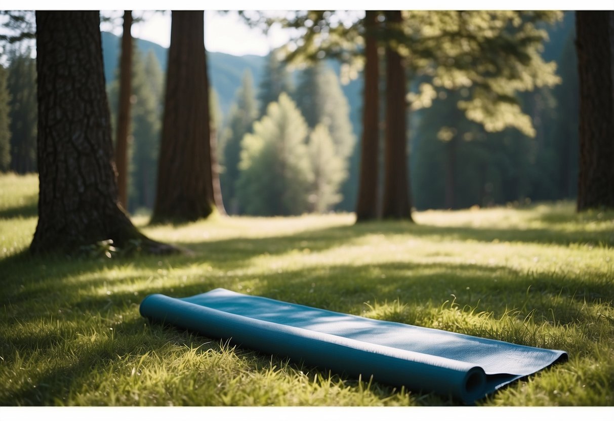 A serene mountain backdrop with a yoga mat laid out on lush green grass, surrounded by tall trees and a clear blue sky overhead