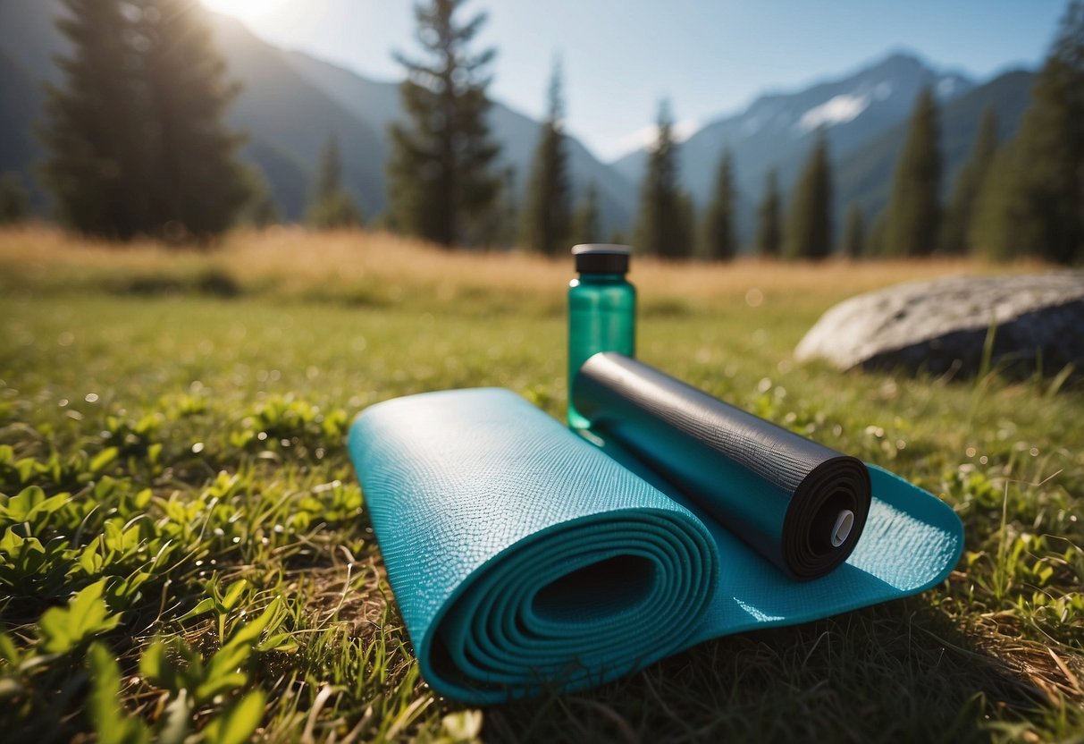 Yoga mat, water bottle, and sunscreen lay on a grassy clearing. Trees surround the peaceful spot, with a distant mountain peak visible in the background