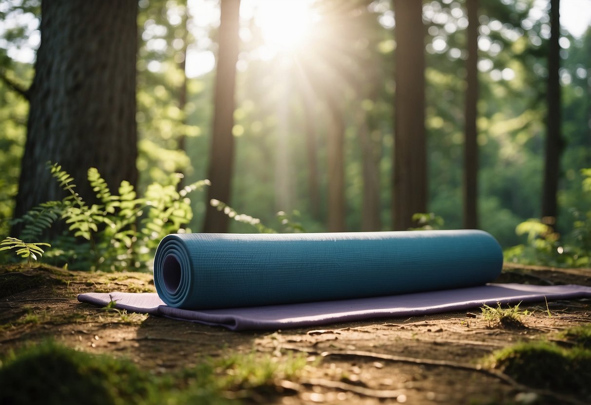 A serene forest clearing, dappled sunlight filtering through the trees. A yoga mat laid out on the ground, surrounded by nature. Nearby, a water bottle, towel, and a stack of yoga blocks