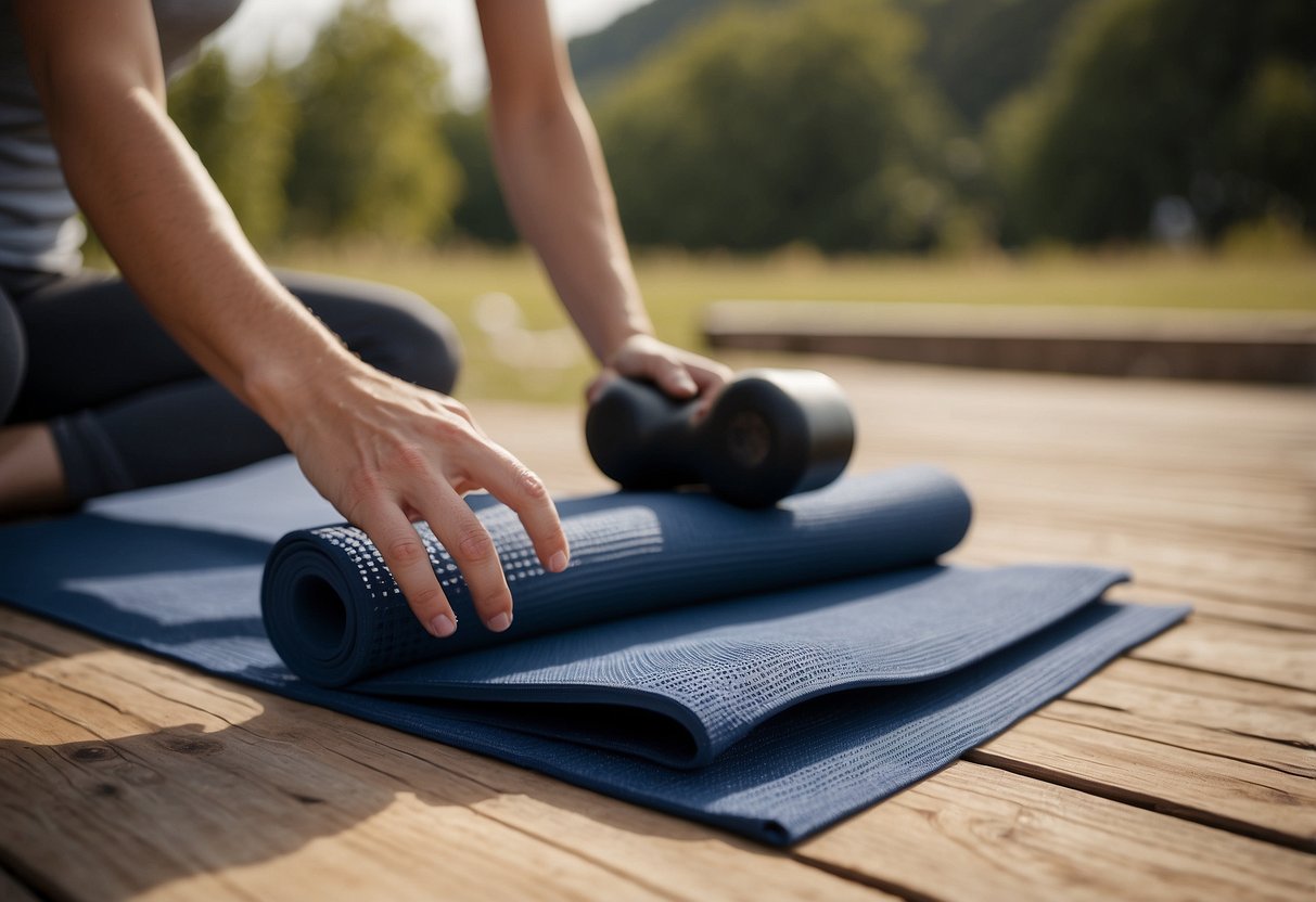 A person laying out yoga mat, choosing proper attire and gear for outdoor training retreat. Items include water bottle, yoga blocks, and comfortable clothing