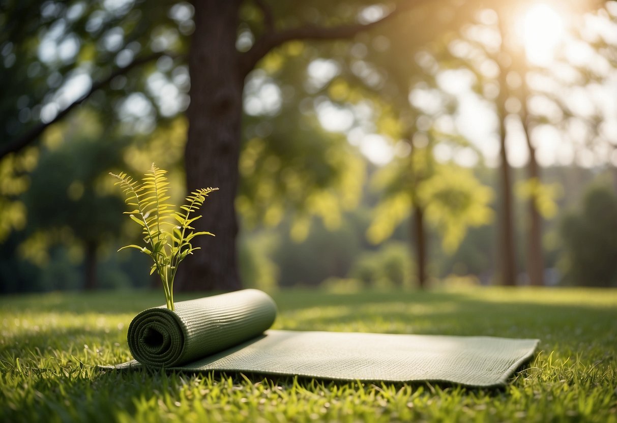 A serene outdoor setting with a yoga mat placed on lush green grass. The sun is shining, birds are chirping, and a gentle breeze rustles through the trees. The atmosphere is calm and peaceful, perfect for mental preparation and mindfulness