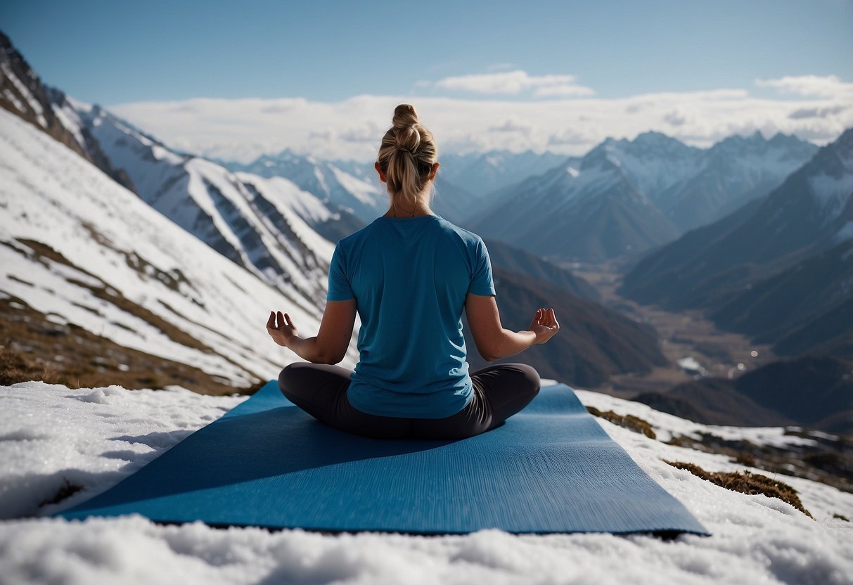 Yoga mats laid out on a mountain peak, surrounded by snow-capped peaks. A serene, blue sky above. A figure meditating in the center, overcoming altitude sickness