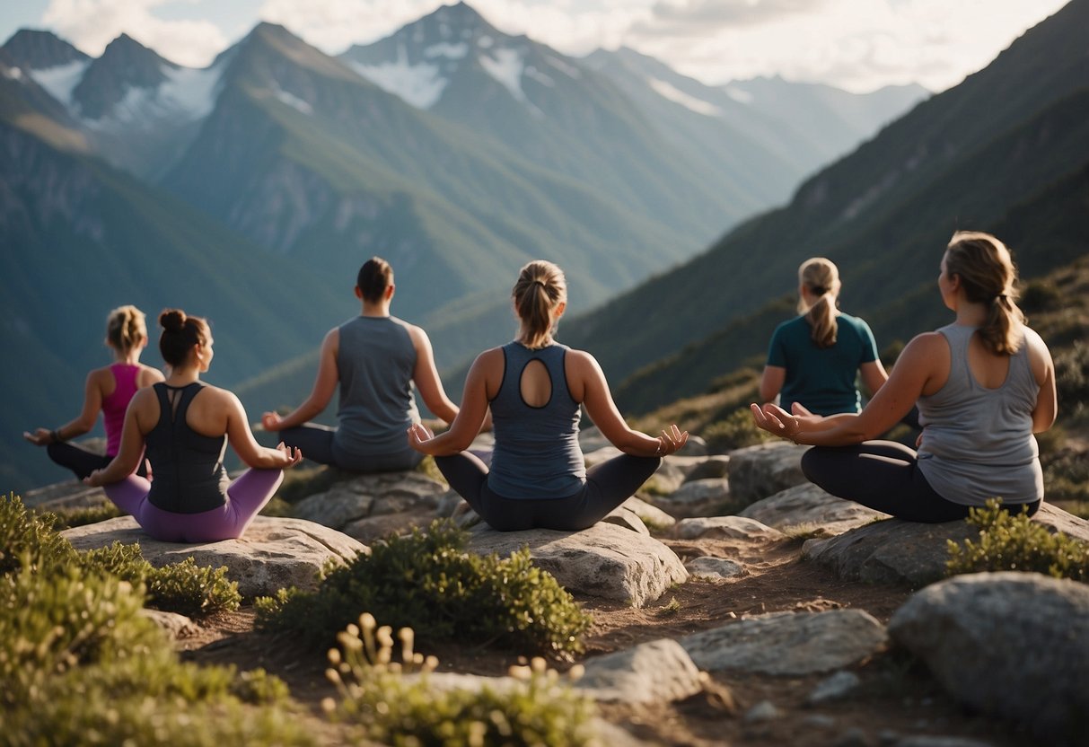 A group of yoga practitioners slowly ascend a mountain, pausing frequently to acclimate to the high altitude. They practice deep breathing and gentle movements to alleviate symptoms of altitude sickness