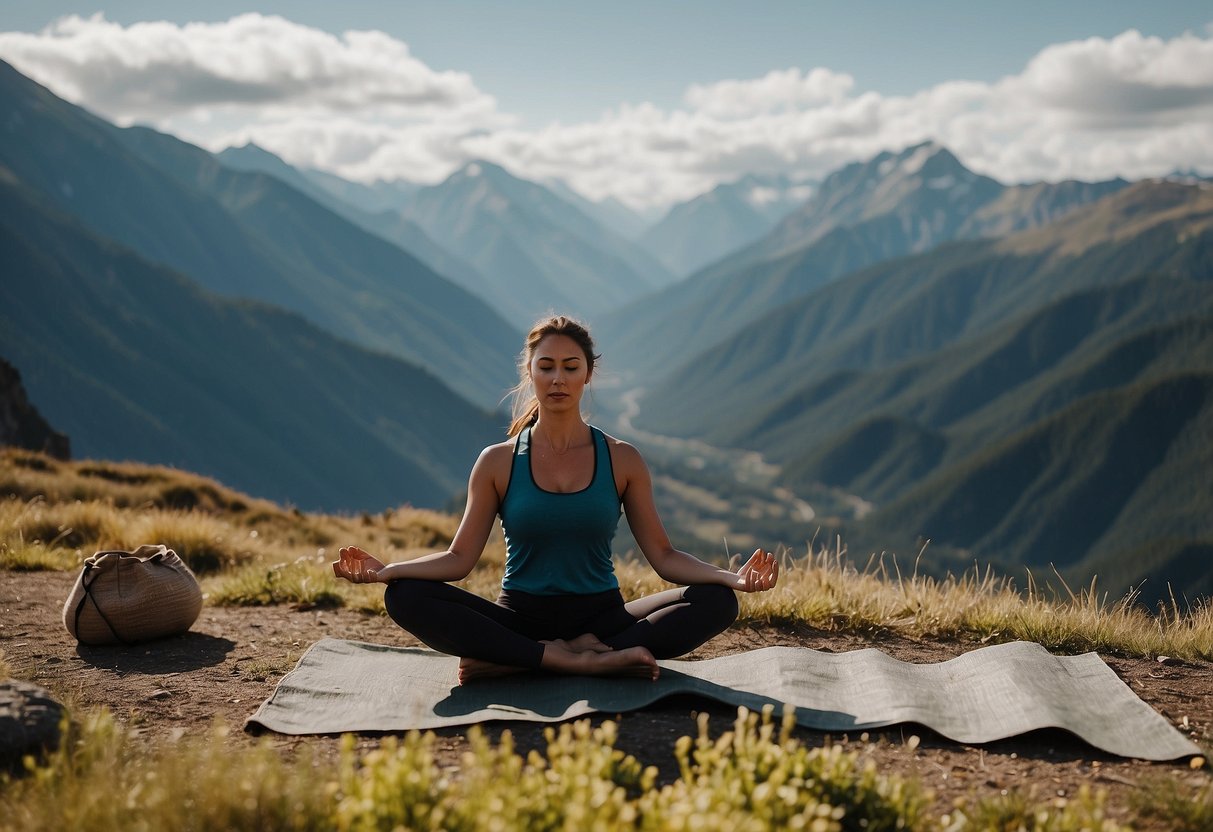 A person practicing outdoor yoga at high altitude, eating light meals to prevent sickness