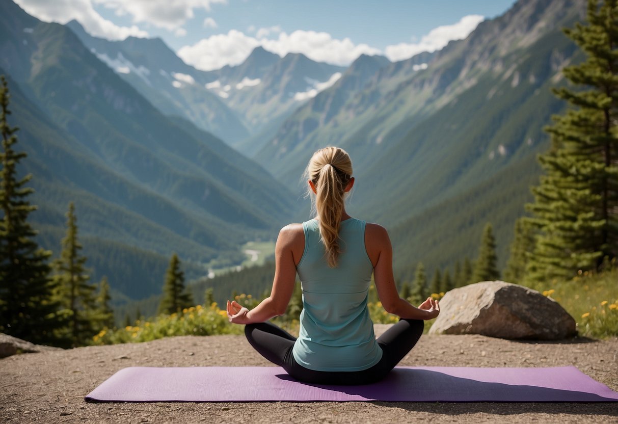 A serene mountain landscape with a yoga mat surrounded by towering peaks. A person takes deep breaths, practicing yoga while pausing to acclimate to the high altitude