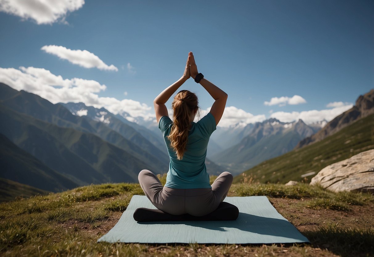 A person in comfortable clothing practices yoga outdoors at high altitude, surrounded by mountains and fresh air