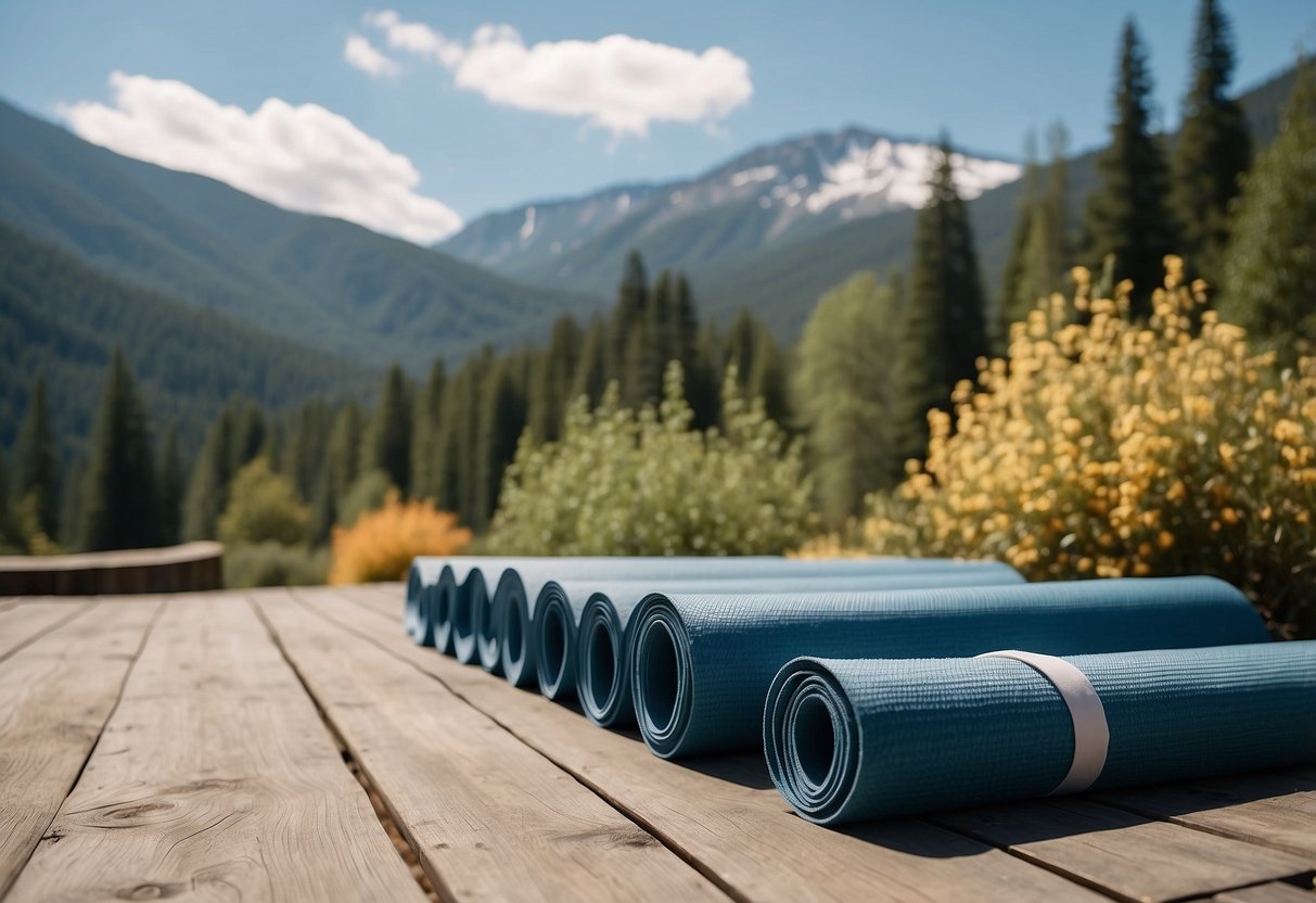 A serene mountain landscape with a group of yoga mats laid out on a flat area surrounded by trees and a clear blue sky