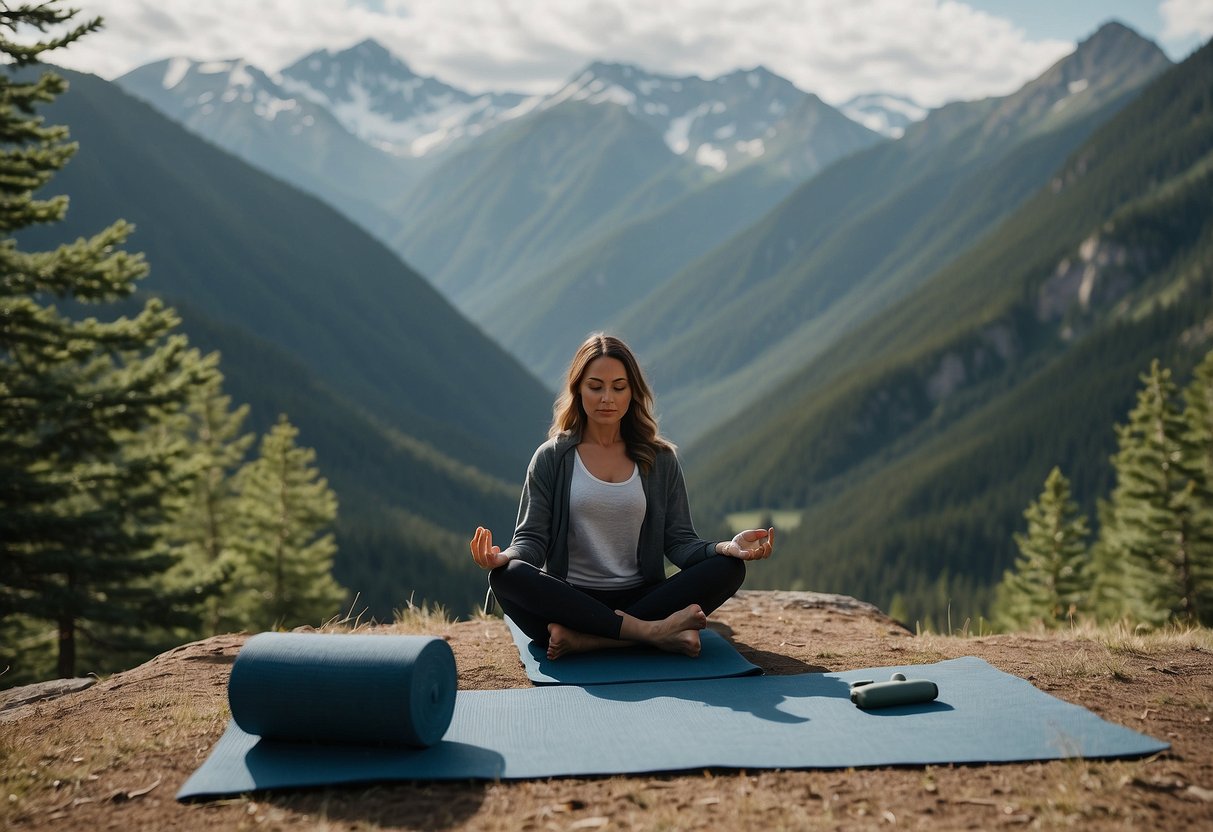 A serene mountain landscape with a yoga mat, water bottle, and a person meditating. The air is thin, indicating high altitude. The person looks relaxed and peaceful, surrounded by nature