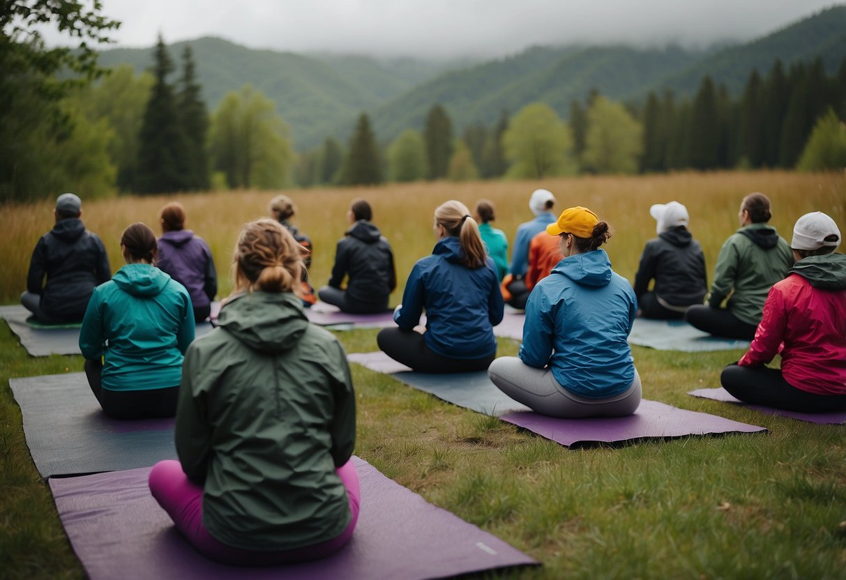 A serene outdoor yoga session with lightweight rain gear, surrounded by nature's beauty