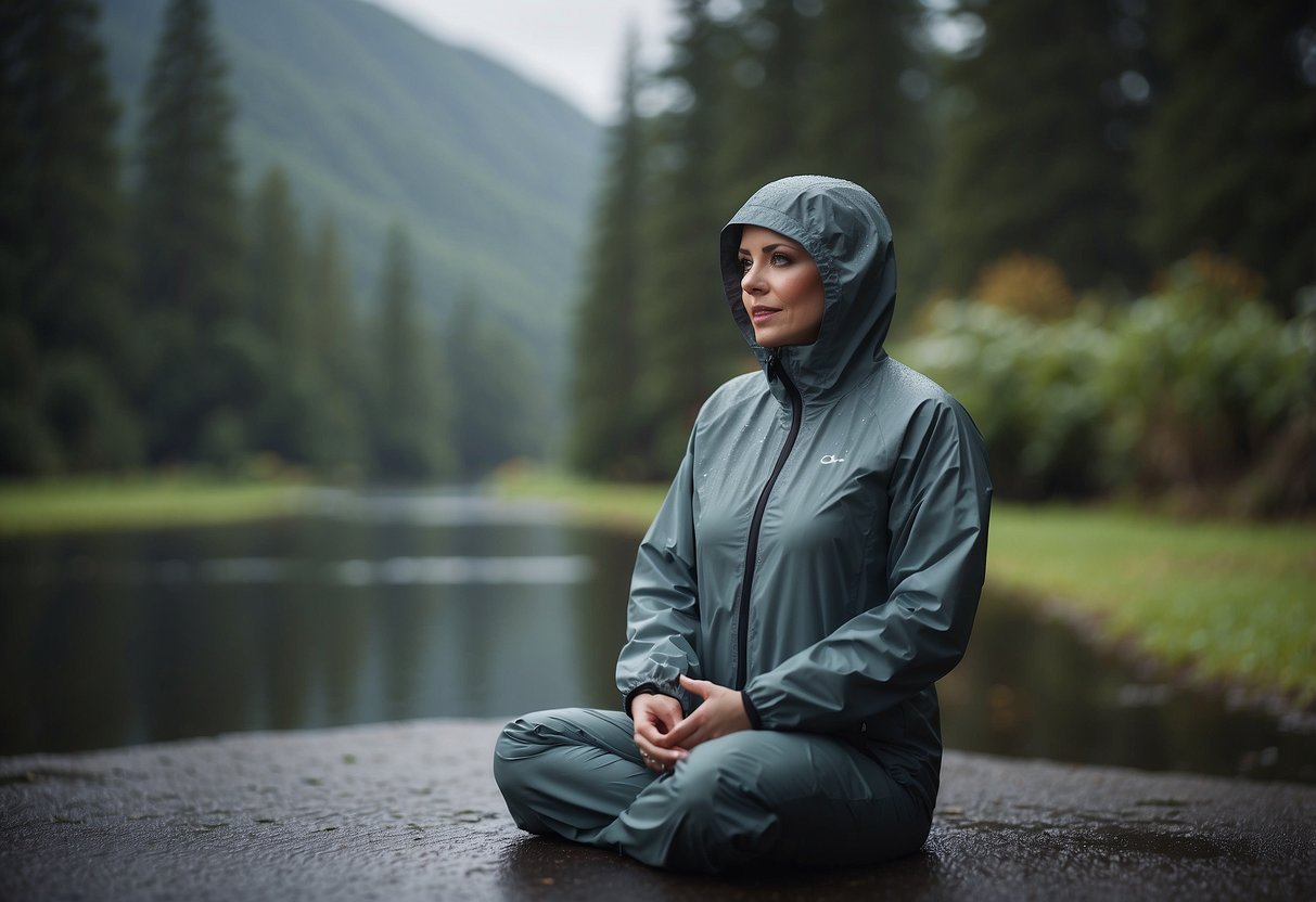 A figure stands in a serene outdoor yoga setting, wearing the Outdoor Research Helium II Jacket. Rain droplets bead off the lightweight, waterproof fabric as the individual moves through yoga poses in the rain