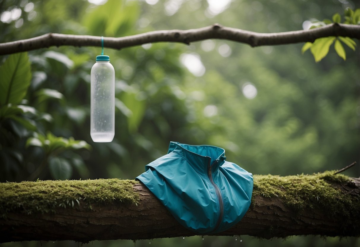 A woman's rain jacket hangs on a tree branch, surrounded by yoga mats and water bottles in a lush outdoor setting