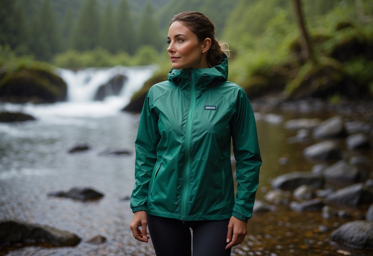 A figure stands in a lush, green outdoor yoga setting, wearing a Patagonia Torrentshell 3L Rain Jacket. Raindrops bead off the lightweight, waterproof fabric as the person gracefully moves through yoga poses