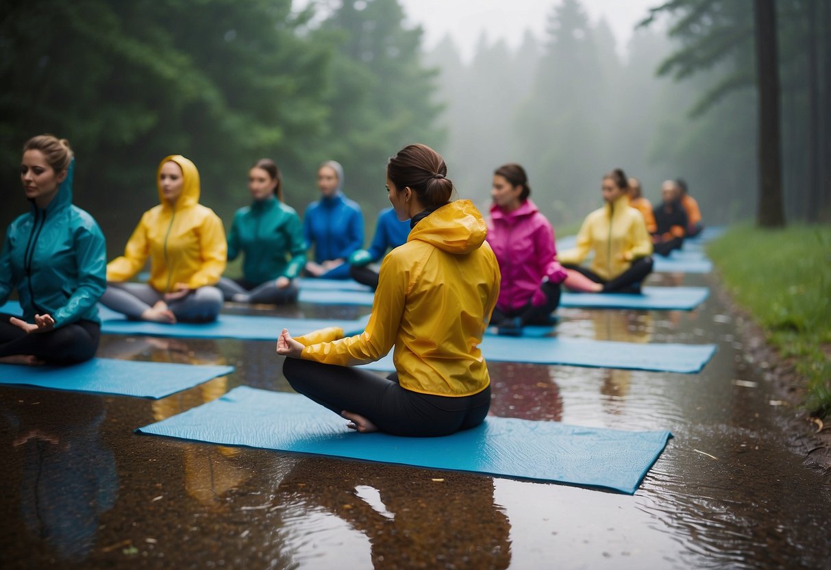 A serene outdoor yoga session in light rain, with individuals wearing lightweight rain gear. The gear is functional, breathable, and easily movable for yoga poses