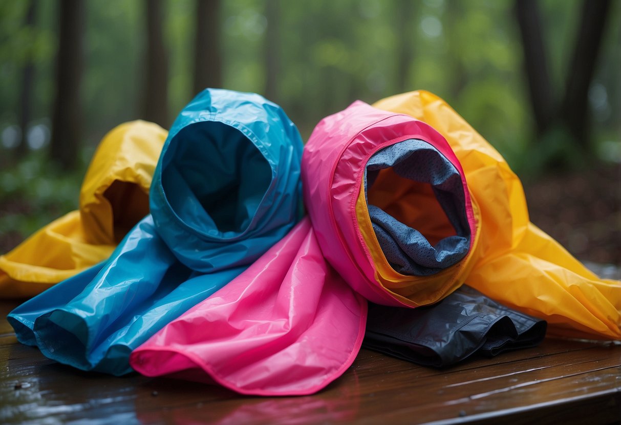 Brightly colored lightweight rain gear displayed on a natural outdoor yoga setting with a variety of material choices such as nylon, polyester, and waterproof breathable fabrics