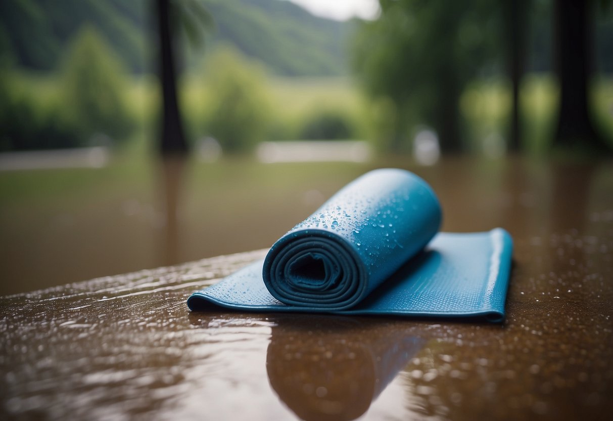 A sunny outdoor yoga session with scattered raindrops and a person's lightweight rain gear neatly folded on a yoga mat