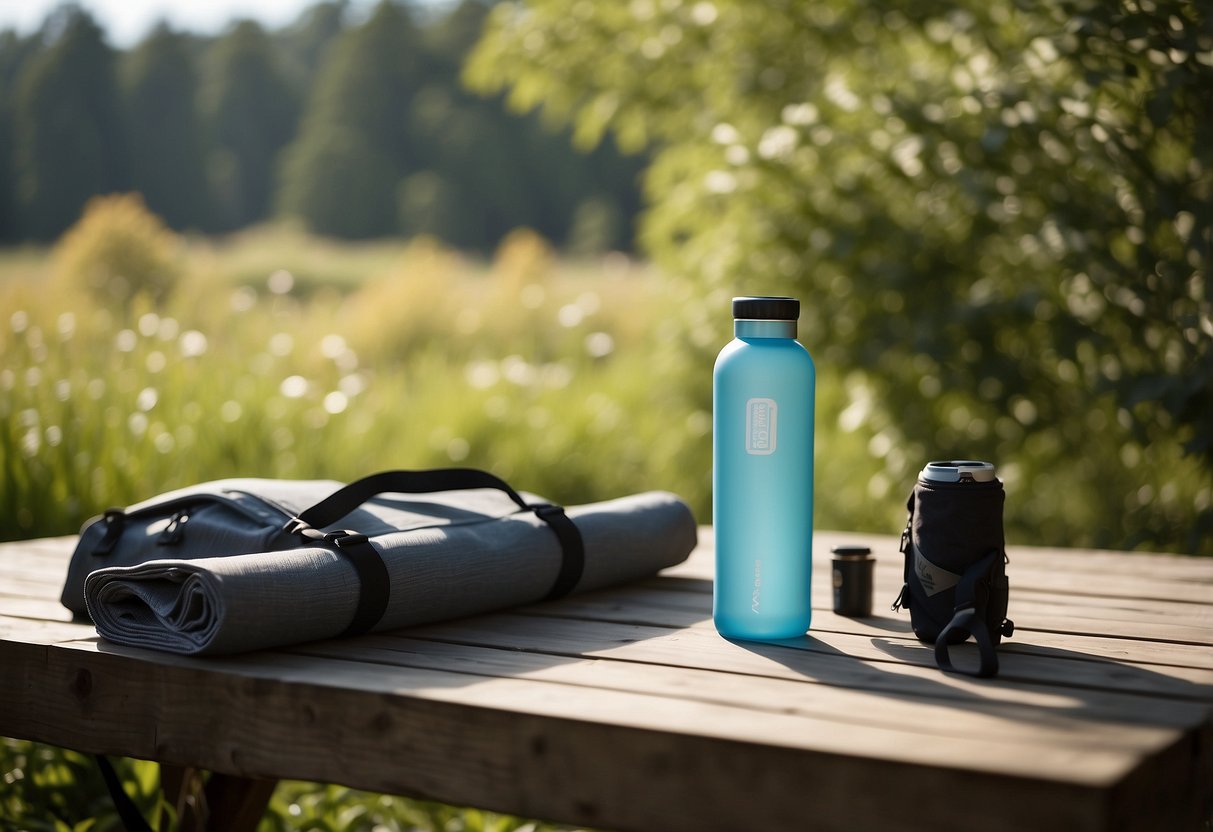 A serene outdoor setting with a yoga mat, water bottle, and lightweight backpack surrounded by nature and sunshine