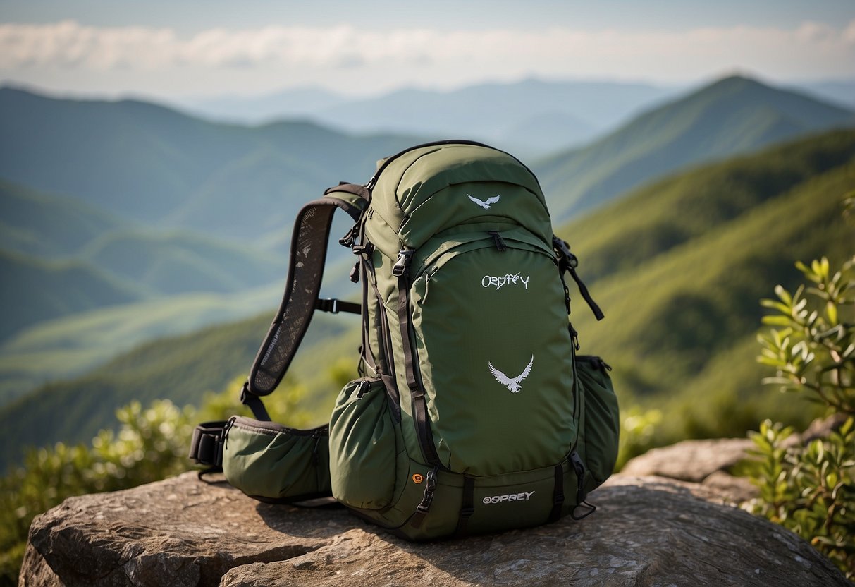 The Osprey Ultralight Stuff Pack 10 sits on a rocky ledge, surrounded by lush greenery and a serene mountain backdrop