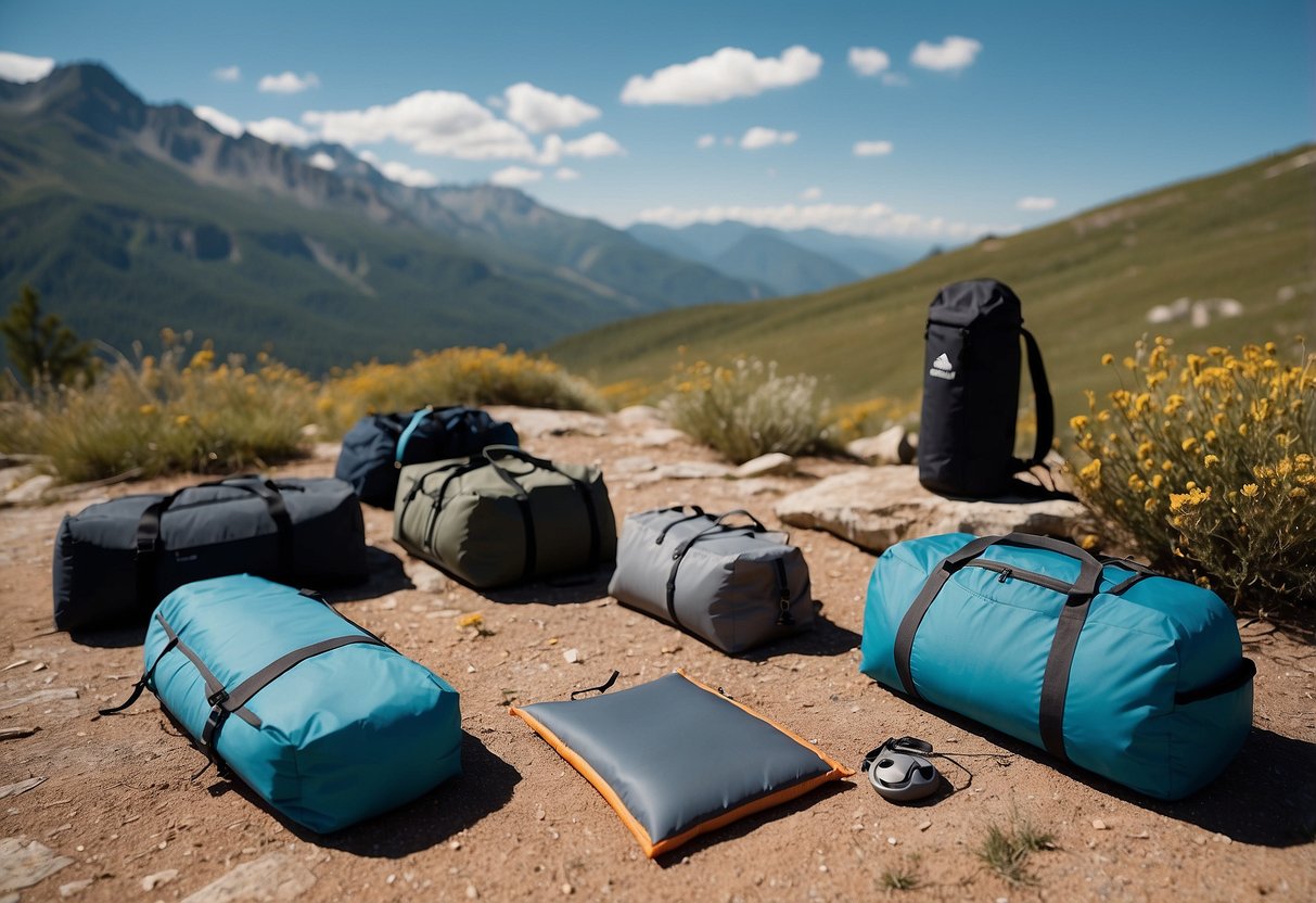 A serene mountain landscape with a clear blue sky, a winding hiking trail, and a small group of lightweight yoga packs laid out on the ground