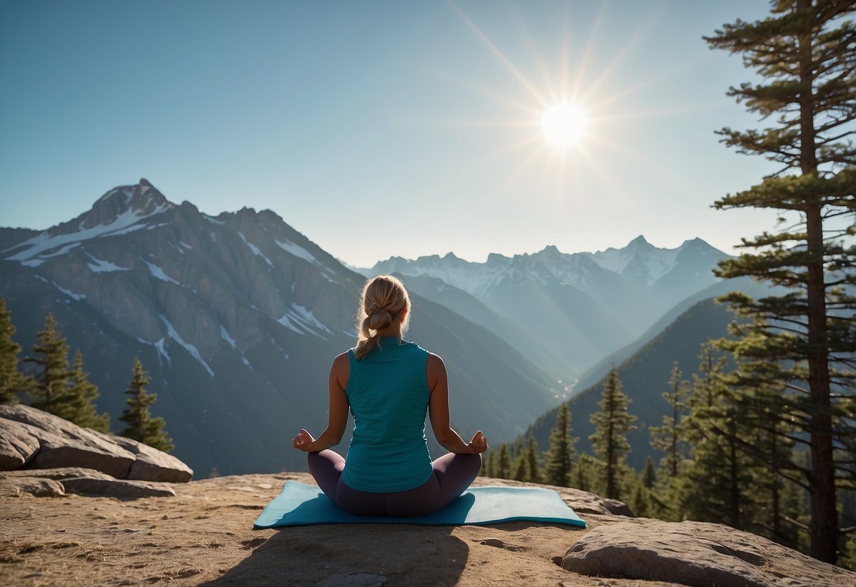 A serene mountain backdrop with a clear blue sky, showcasing the REI Co-op Flash 18 pack in a yoga pose, surrounded by lightweight outdoor gear