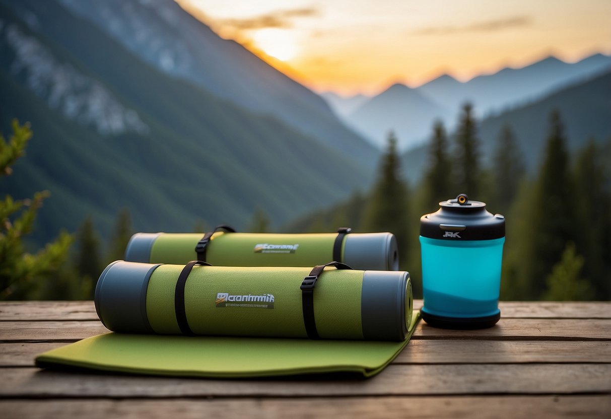 A vibrant, lightweight Mountainsmith Scream 25 pack sits atop a lush, green outdoor yoga mat surrounded by towering, majestic mountains