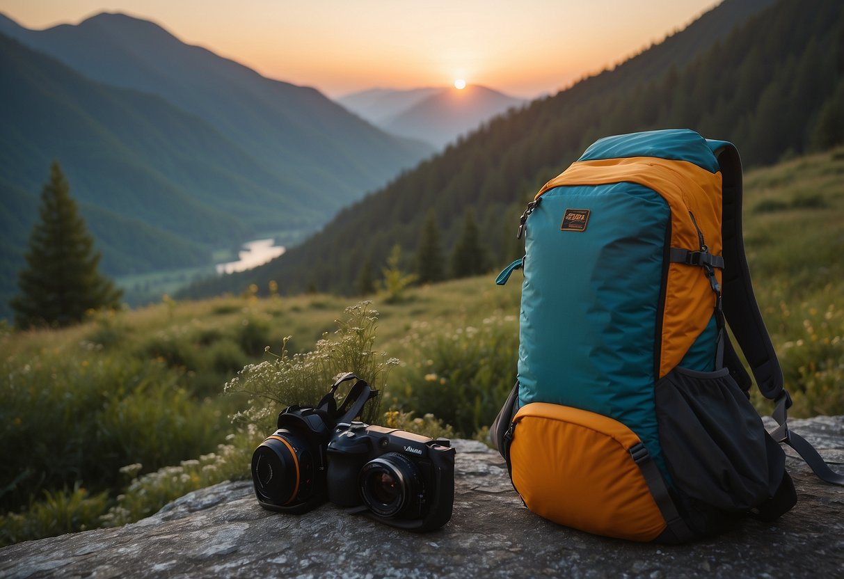 A serene mountain clearing with a vibrant sunrise, surrounded by lush greenery and a tranquil stream, with the Matador Beast 18 10 Lightweight Outdoor Yoga Packs placed neatly in the foreground