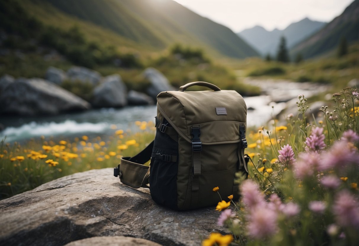 A serene mountain landscape with a yoga pack nestled among wildflowers and a flowing stream, showcasing its lightweight and portable design