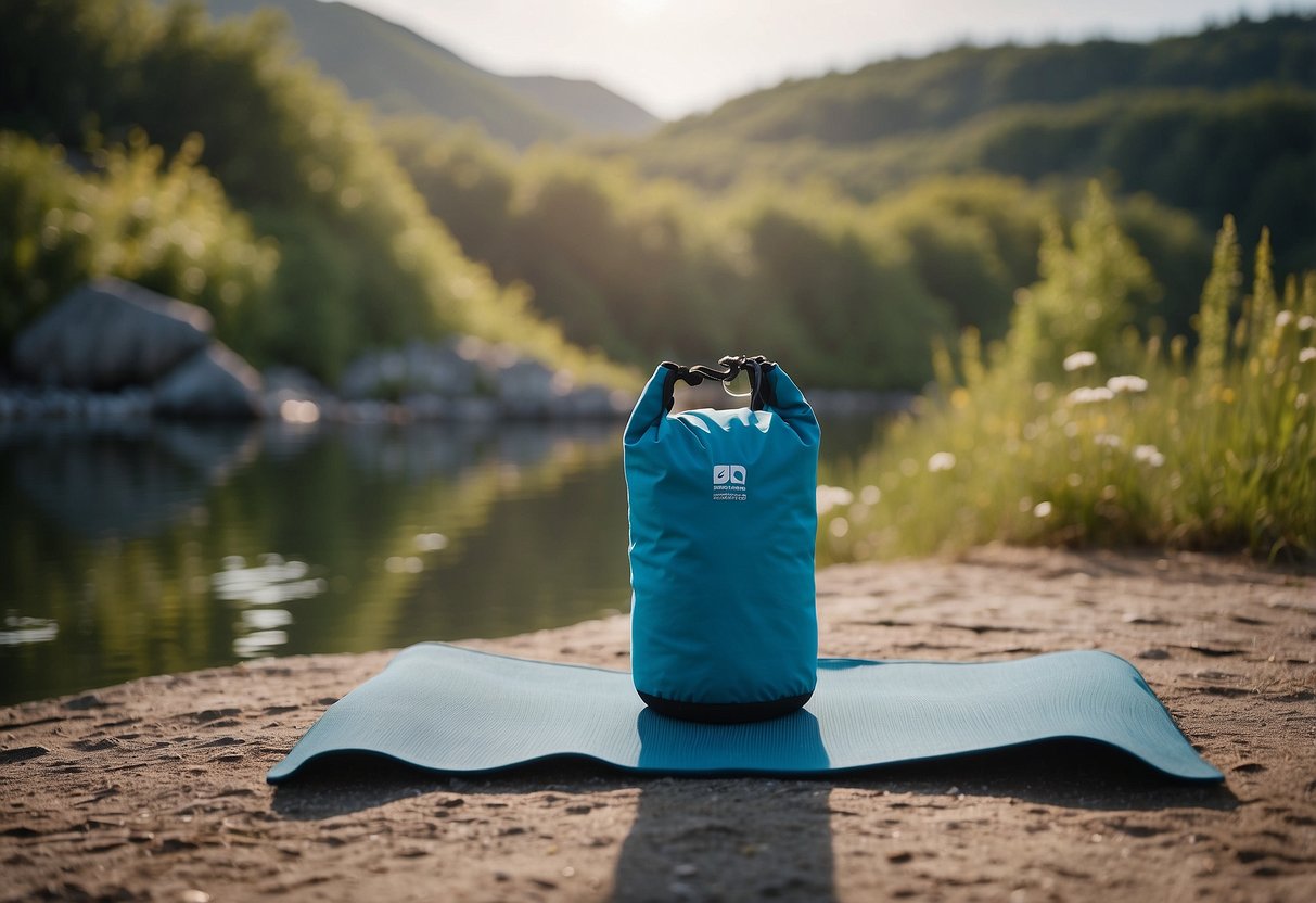 A serene outdoor yoga setting with a lightweight pack, surrounded by nature, with a clear blue sky, and a peaceful atmosphere