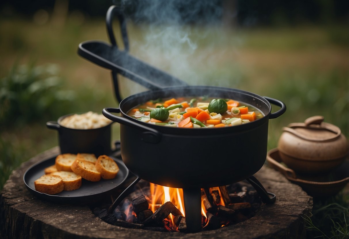 A campfire with a pot of soup simmering, a portable stove with a pan of sizzling vegetables, a small table with spices and utensils, a yoga mat nearby, and a serene natural backdrop