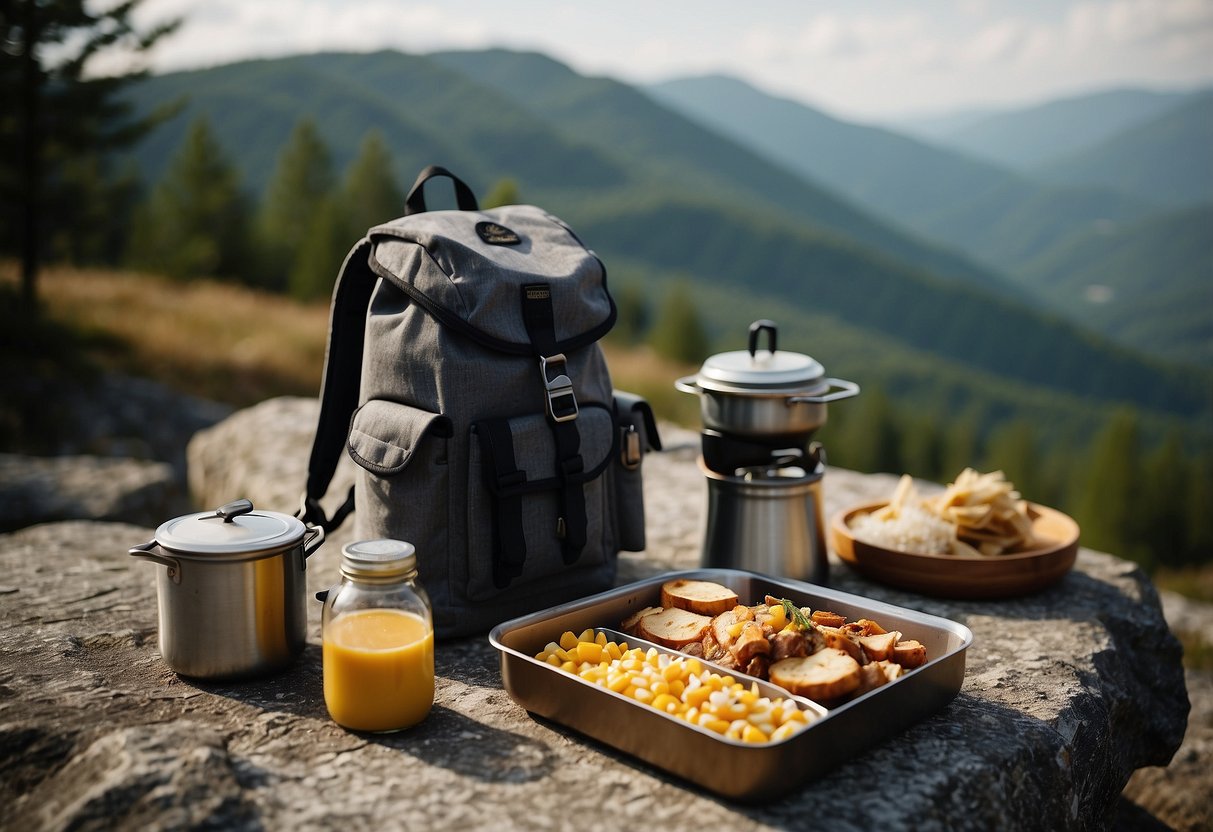 A small backpack with utensils, a portable stove, and a variety of lightweight cooking ingredients spread out on a flat rock in a peaceful outdoor setting