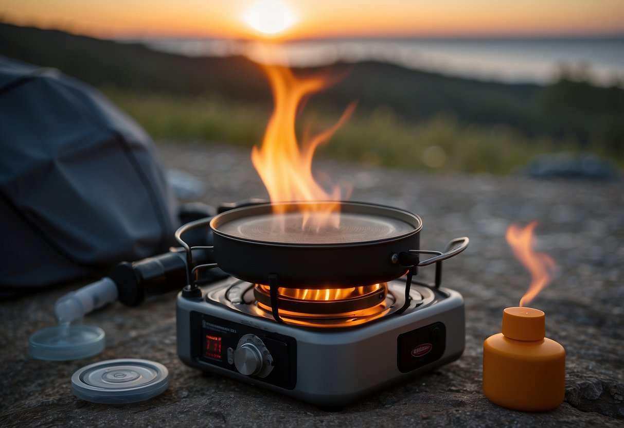 A portable camping stove sits on a flat rock, surrounded by yoga mats and water bottles. Steam rises from a pot of cooking food, while a small flame burns beneath the stove