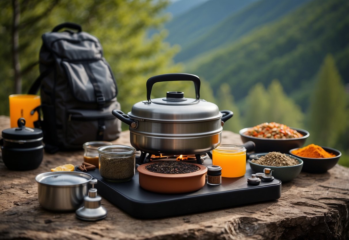 A camp stove sits on a flat rock, surrounded by various spices in small containers. A yoga mat and backpack are nearby, set against a backdrop of trees and mountains