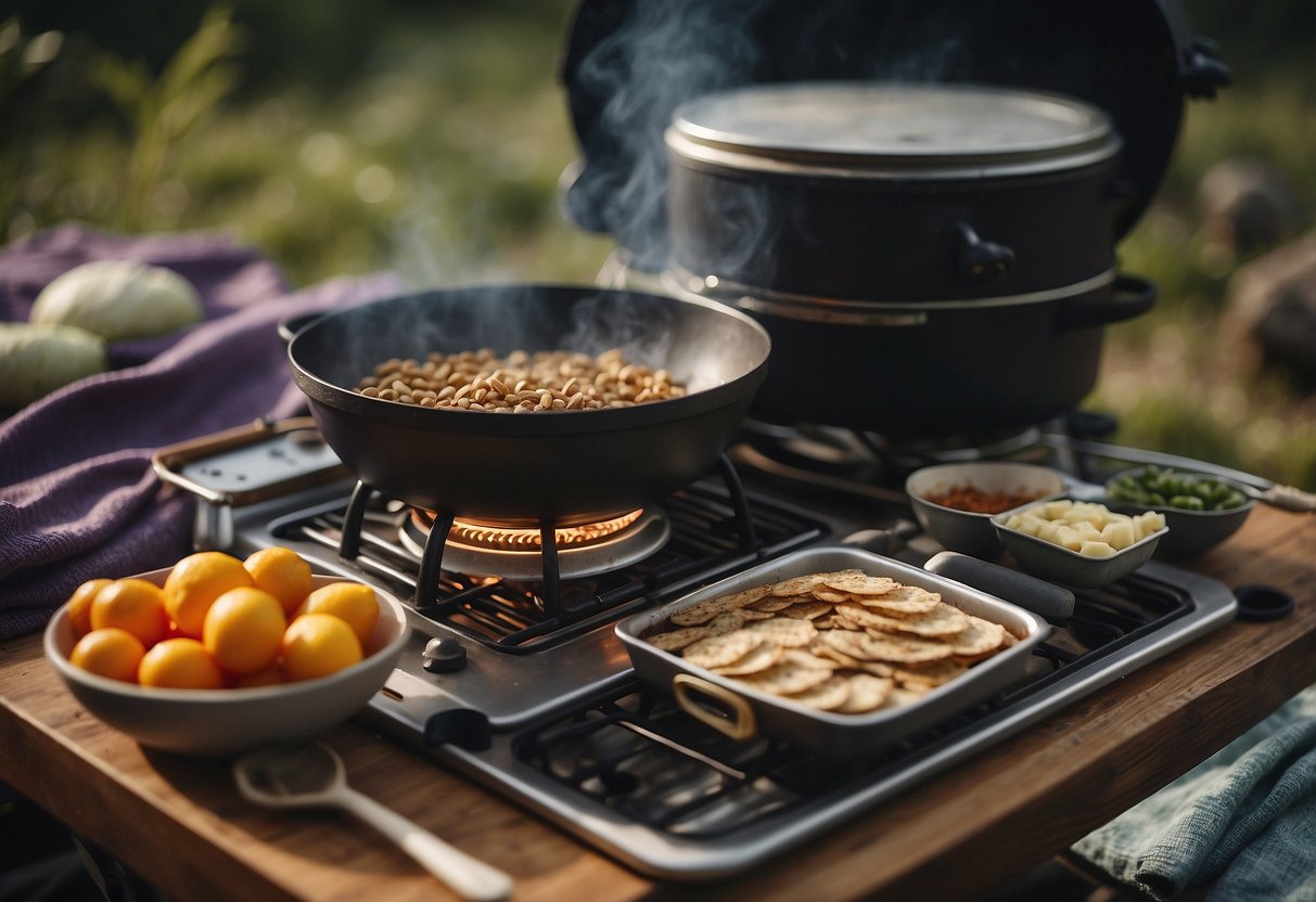 Dehydrated ingredients laid out on a camp stove, surrounded by camping gear and a yoga mat in a serene outdoor setting