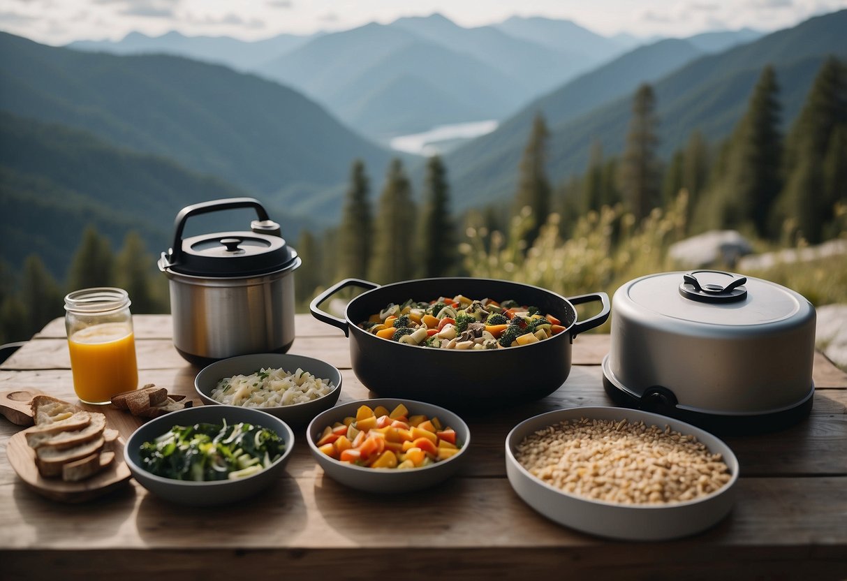 Food stored in airtight containers, camping stove in use, yoga mats laid out, surrounded by trees and mountains, serene outdoor setting