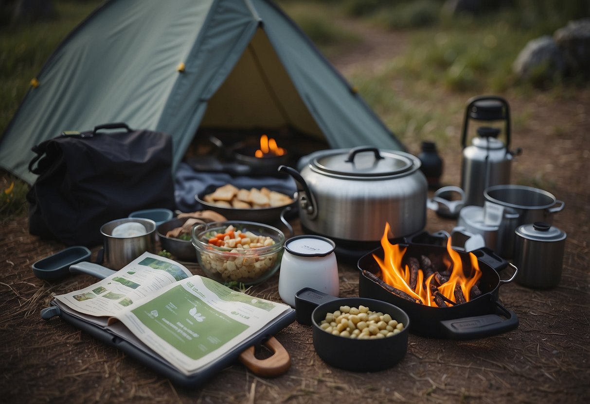 A campsite with a portable stove and cooking utensils laid out, surrounded by hiking gear and yoga mats. A meal plan and trail map are displayed nearby