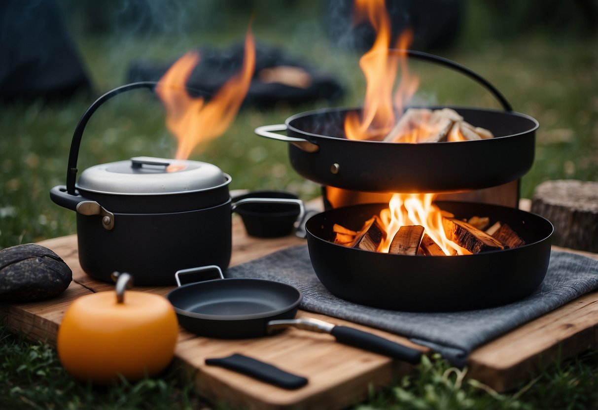 A campfire surrounded by cooking utensils, a portable stove, and a variety of fresh ingredients. A yoga mat and outdoor setting in the background