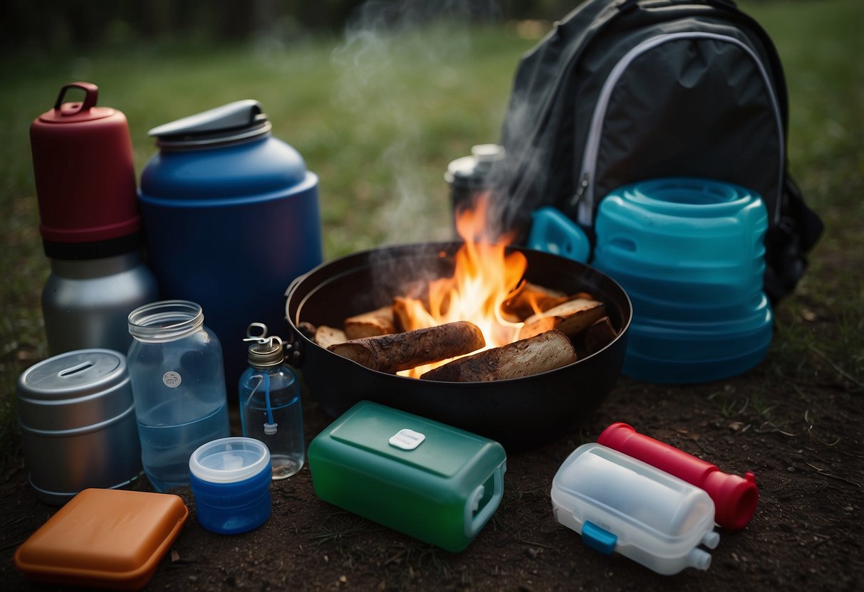 A campfire surrounded by cooking utensils, a cooler, and sealed food containers. A backpack sits nearby with a water filter and reusable water bottles