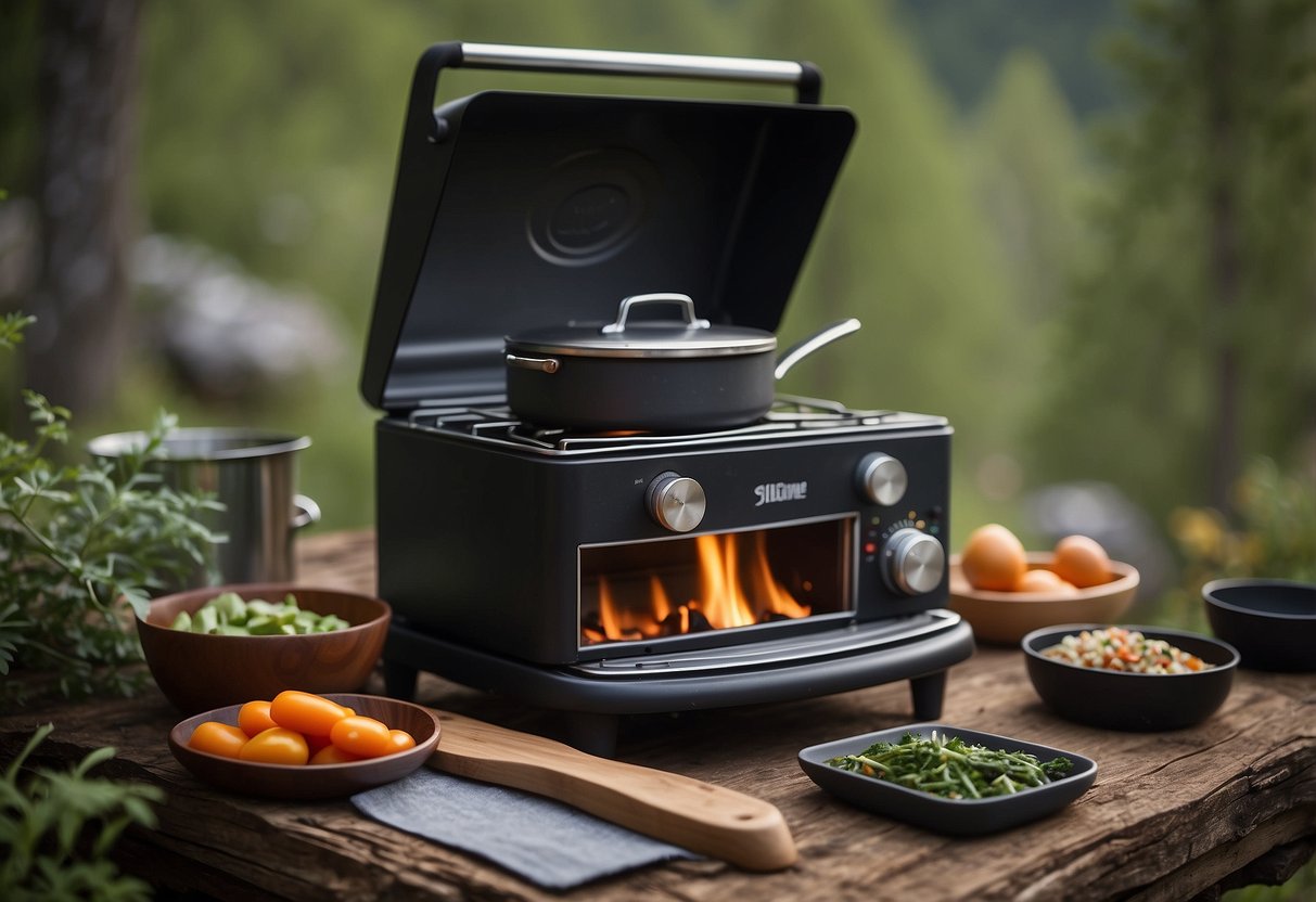 A camp stove sits on a flat rock, surrounded by scattered cooking utensils and fresh ingredients. A yoga mat is rolled out nearby, with a serene natural setting in the background