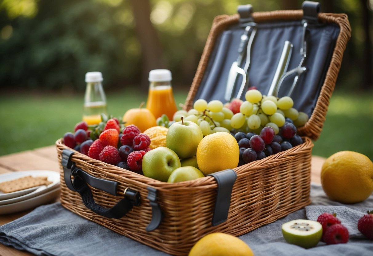 A picnic basket with fresh fruits, airtight containers for snacks, a portable cooler for drinks, and a mesh bag for carrying yoga mats