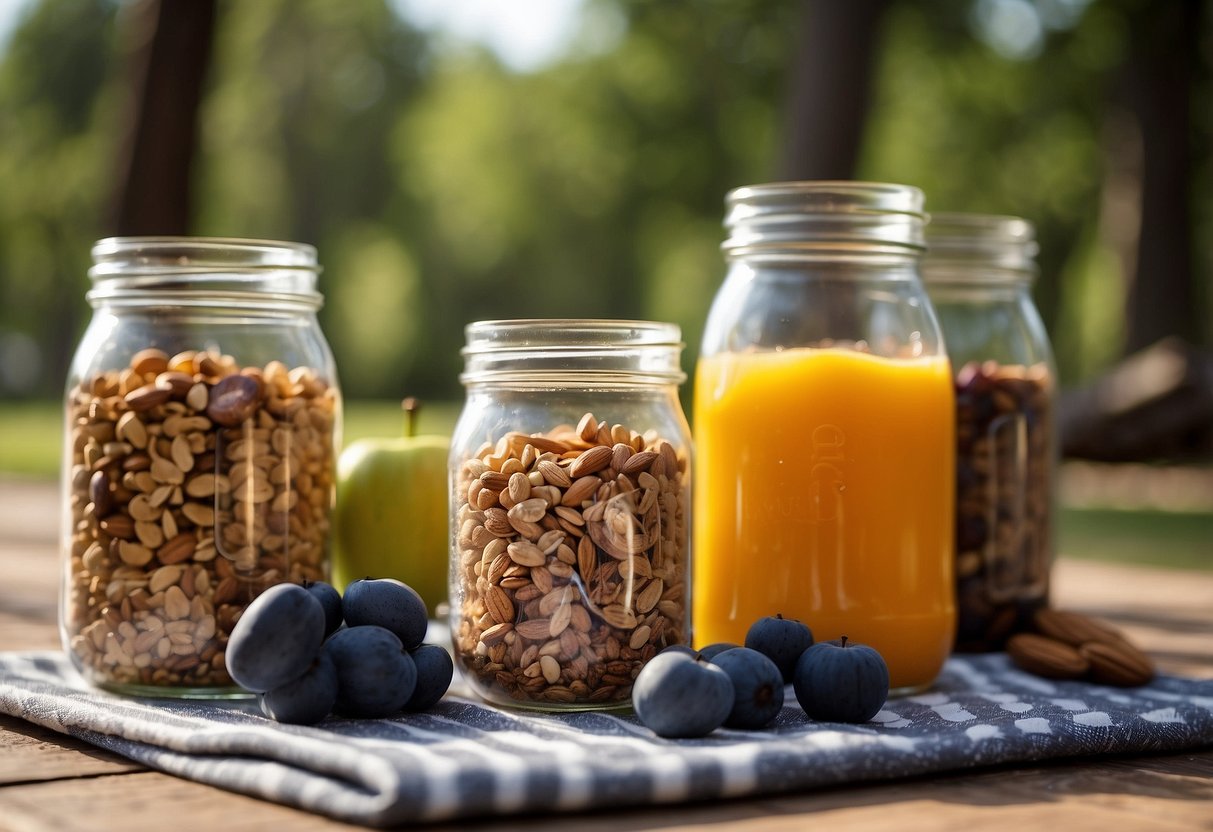 Mason jars filled with fruits, nuts, and granola sit neatly on a picnic blanket next to a yoga mat and water bottle. A serene outdoor setting with trees and sunshine completes the scene