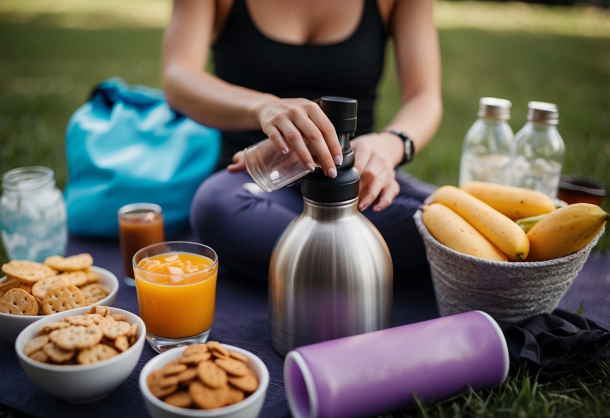 A woman's hands pack insulated flasks with snacks and drinks in a yoga bag, set against a backdrop of serene outdoor yoga practice