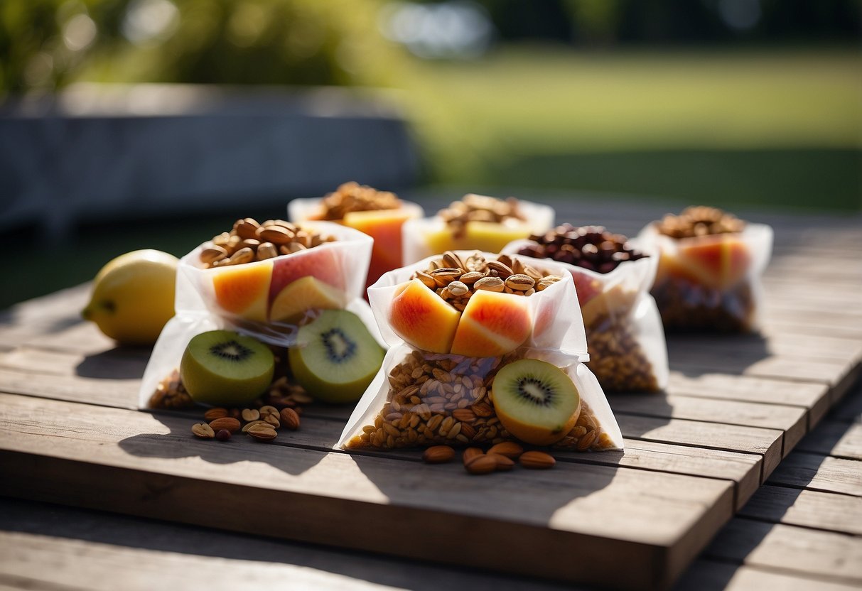 Silicone bags filled with fruits, nuts, and granola laid out on a yoga mat in the midst of a serene outdoor setting