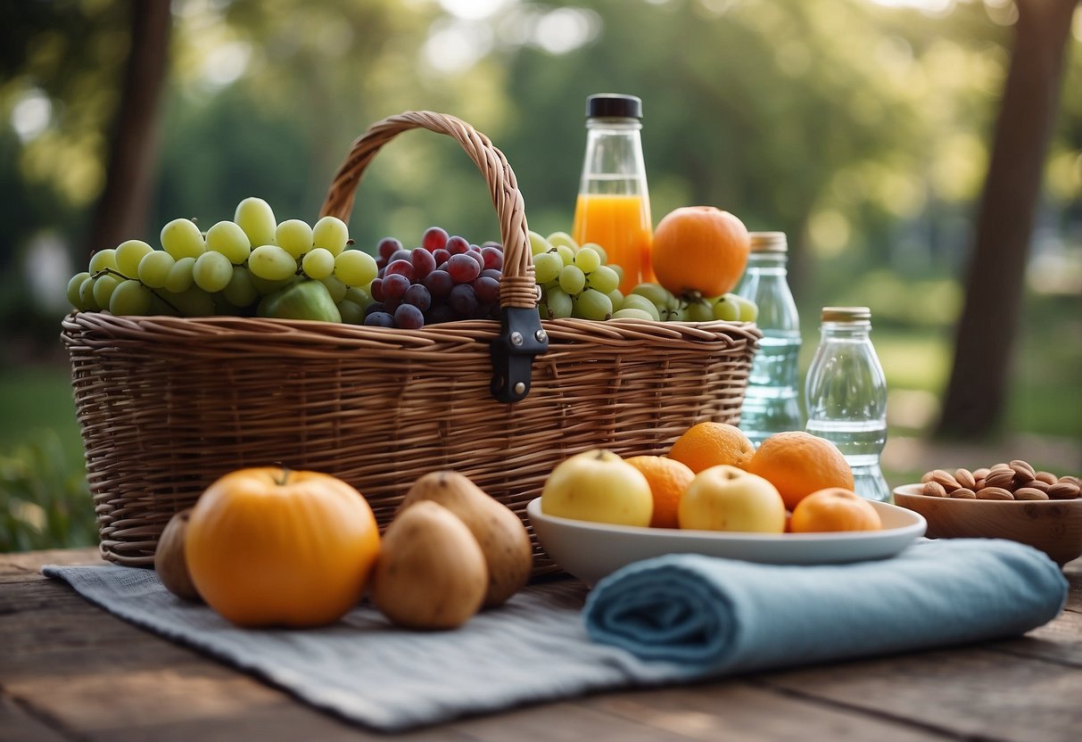 A picnic basket with vacuum-seal bags of fresh produce, nuts, and dried fruits sits next to a yoga mat and water bottle in a serene outdoor setting