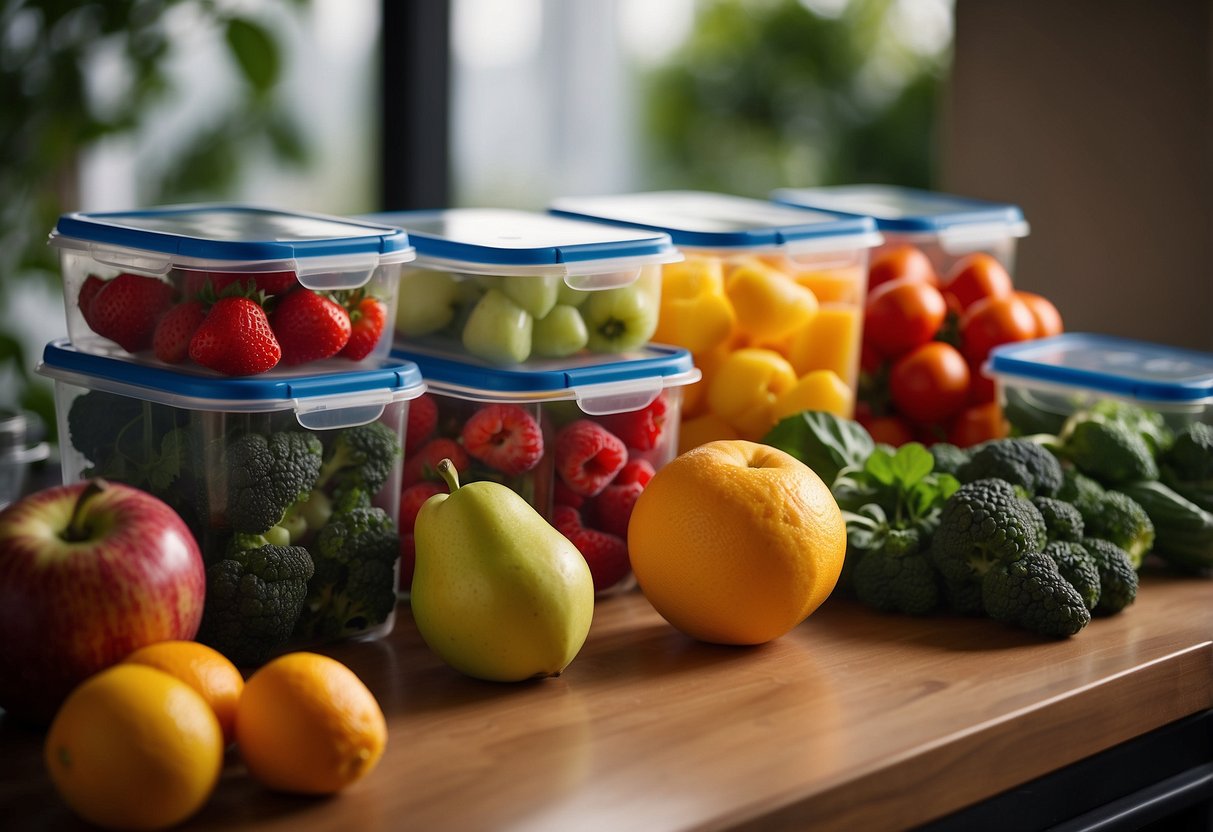 Fresh fruits and vegetables in airtight containers, a cooler for perishables, a portable pantry for dry goods, airtight bags for snacks, and a water bottle for hydration