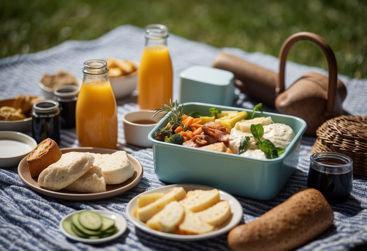 Various food containers arranged neatly on a picnic blanket in a serene outdoor setting, surrounded by yoga mats and props