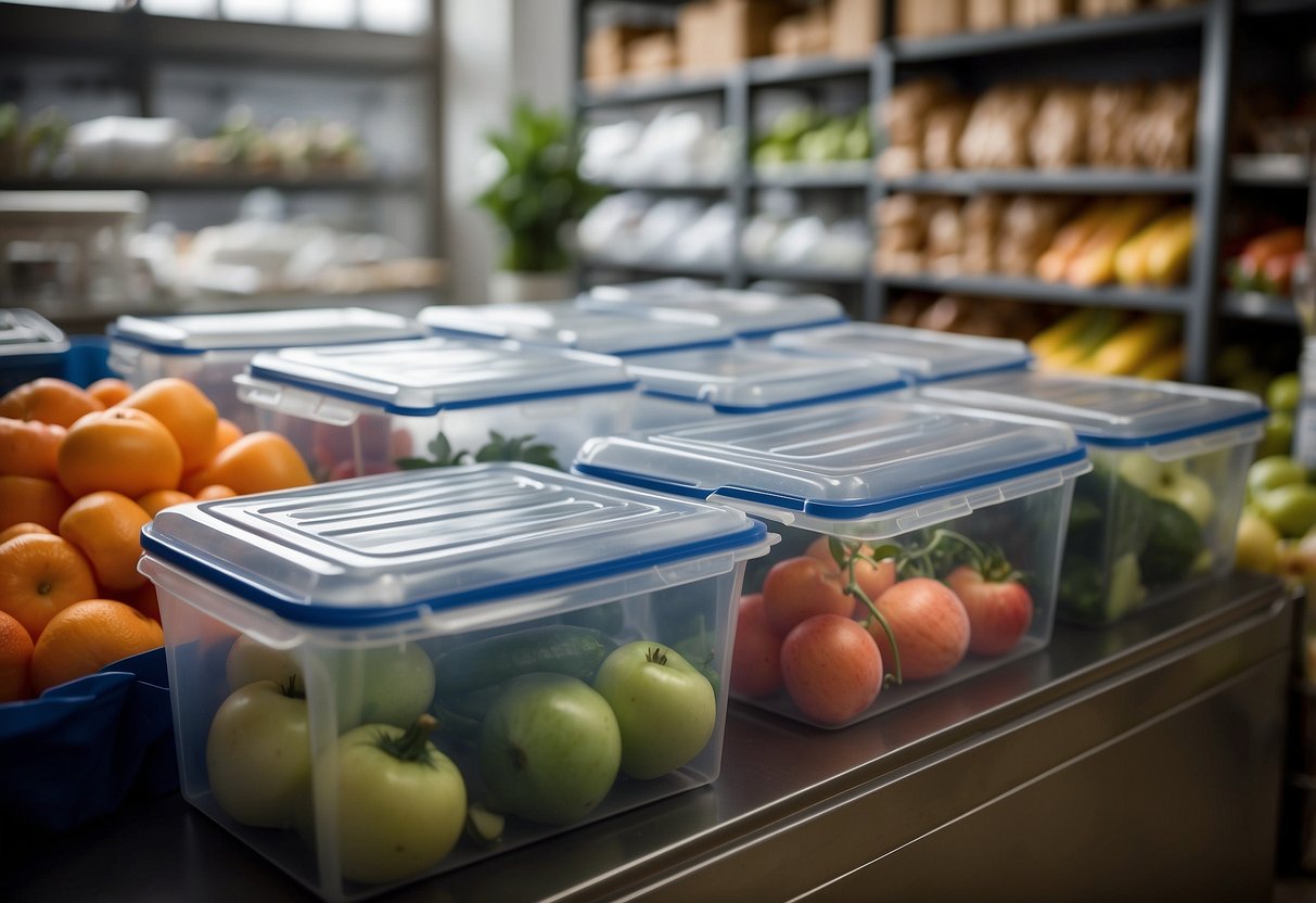 Fresh produce arranged in a cooler, ice packs placed strategically. Dry goods stored in airtight containers. Insulated water bottles lined up. A shaded area with a portable pantry set up nearby