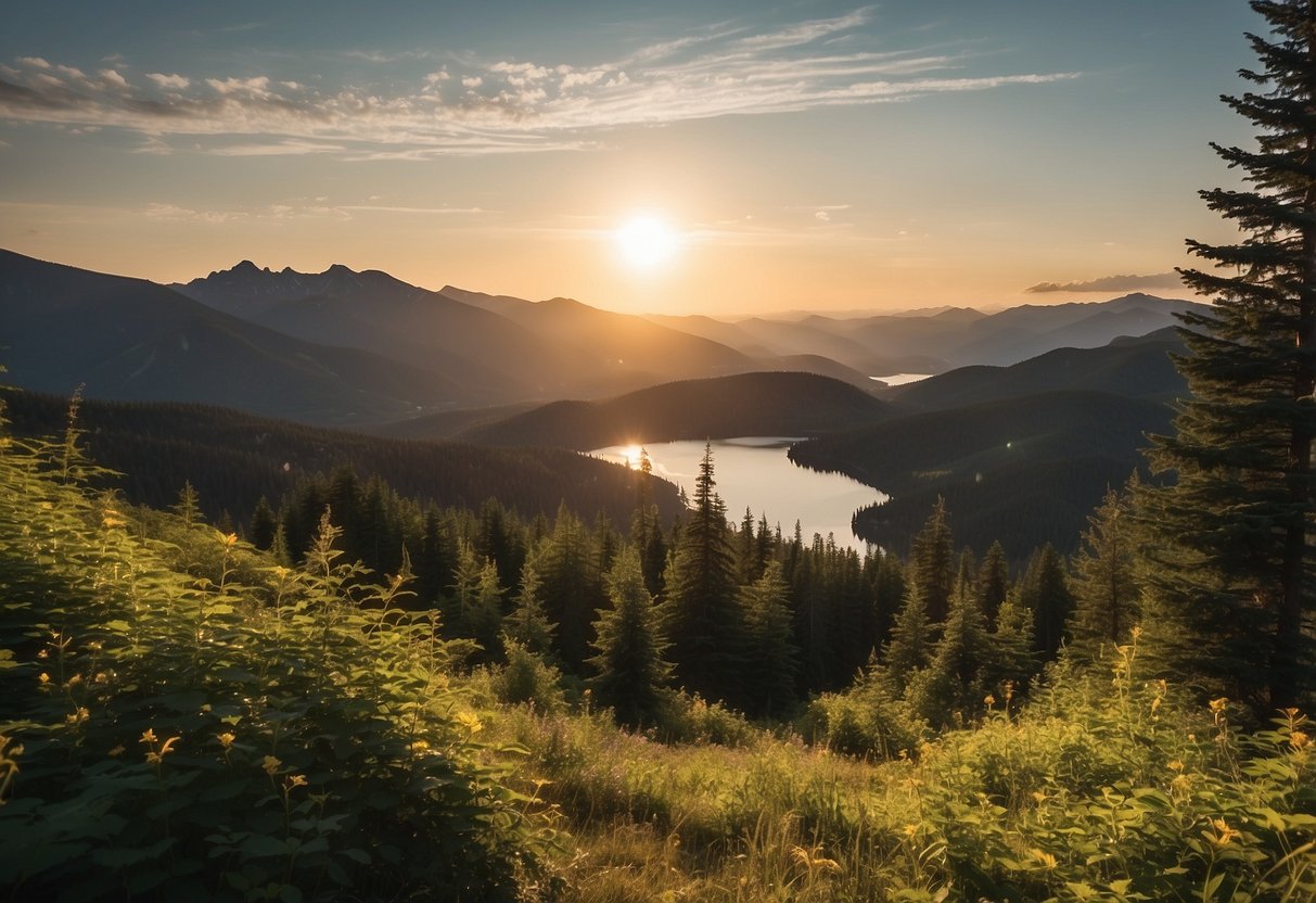 Lush forests, rolling hills, and serene lakes frame outdoor yoga routes across Canada. The sun casts a warm glow, as wildlife adds to the tranquil ambiance